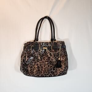 CHARMING CHARLIE Black Brown Textured Patent Leather Animal Print Shoulder Bag